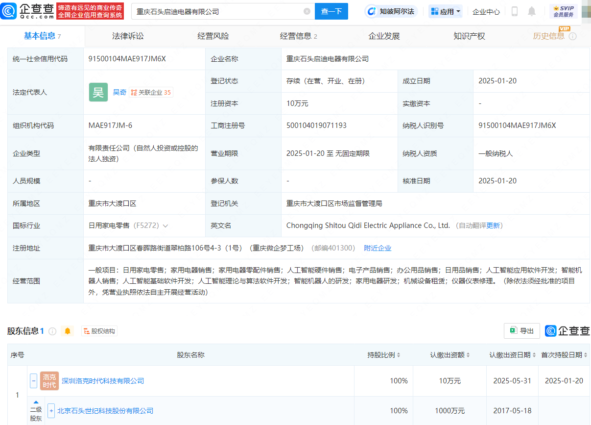 石頭科技布局新領(lǐng)域，新設(shè)電器公司涉足智能機(jī)器人銷售:電器銷售公司